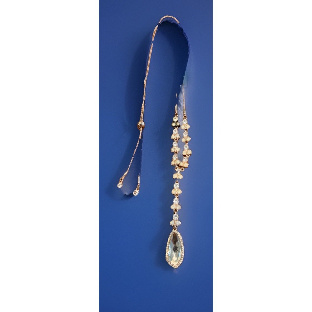 Rose Gold Tone Crystal Lariat Necklace Faceted Drop Pendant Adjustable Necklace